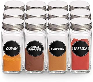Maison & White Spice Jars with Shaker Lids - Set of 12 | Glass Storage Bottles | Screw Top | Herb Containers | Seasoning Shaker | Empty Jars with Labels | M&W