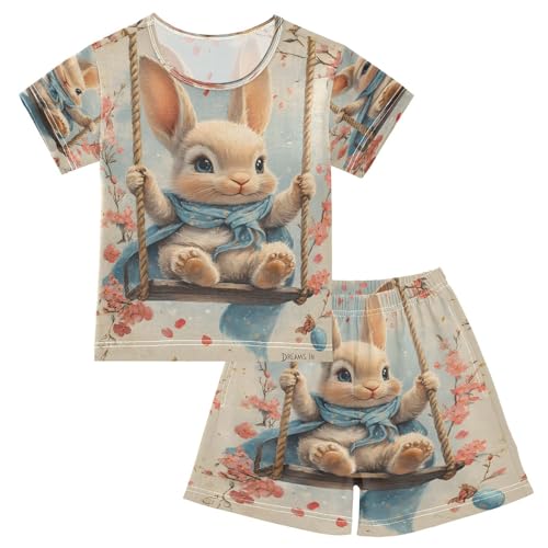 ALAZA Easter Flower Rabbit Bunny Floral Pajamas Set Short Sleeve Cotton Sleepwear Summer Pjs 2 Piece 5-14Y