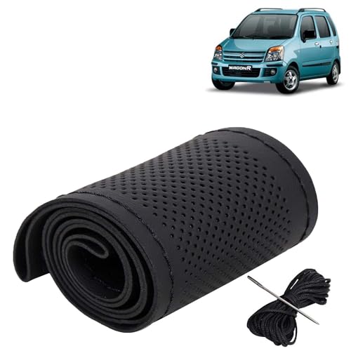 Image of KINGSWAY PU Leatherite Car Steering Cover Sewable Compatible with Maruti Suzuki Wagon R (Year 2003-2010), Black Color with Black Thread, Pack of 1 with Sewing Needle and Thread