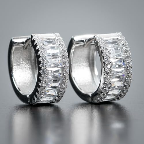 Brilliant Cubic Zirconia Iced CZ Huggie Trendy Hypoallergenic Chunky White Gold Plated 925 Sterling Silver Thick Baguette Hoop Earrings Fine Jewelry Birthday Gifts For Men And Women2