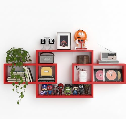 Image of Wooden Wall Shelves for Living Room, Bedroom Wall Mounted Rectangle Bookcase, Intersecting Wall Shelves for Storage Modern Decorative Display Shelves for Wall Decor (Red)