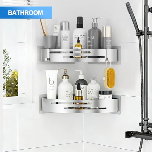 PNNP Duschablage Ohne Bohren Ecke: Duschrega Edelstahl 2 Stück Duschkorb Selbstklebend Mit 2 Haken Badezimmer Regal für dusche aufbewahrung Shampoo und Duschgel (Silber)