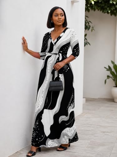 Image of PinkPatty Plus Size Maxi Dress for Women Casual V Neck 3 /4 Sleeve Boho Printed Long Dress with Pockets