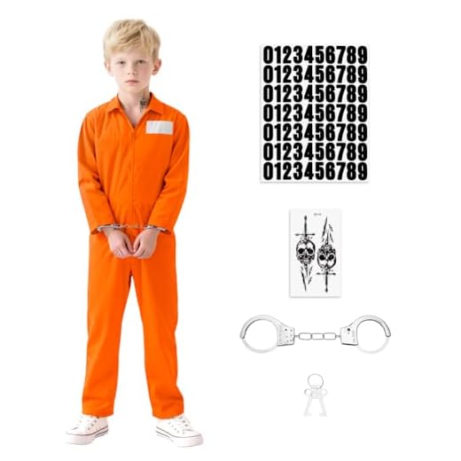 BSBUY Disfraz de Prisionero Naranja Niño, Mono de Convicto Naranja para Niño con Esposas y Pegatinas de Calaveras, Disfraz para Niños y Divertidos Accesorios para Carnaval y Halloween Fiesta, 130cm