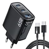 Cargador USB C 65W 3 Puertos, Fuente de Alimentación USB-C PPS 60W, Cargador Rápido PD Compatible con MacBook Pro/Air, iPhone 17/16/15, iPad Pro, Samsung S25/S24/S23 Ultra, Google Pixel 10/9, Negro