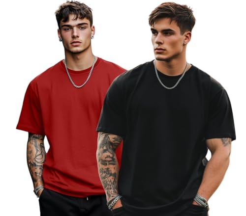 Image of Veirdo Solid Oversized 100% Pure Cotton Combo T-Shirt for Men & Boys (Half Sleeves, Round Neck, Drop Shoulder, Baggy Fit, Pack of 2, Available in S to 2XL