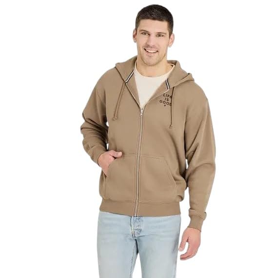 Life is Good. Men's Crafty LIG Stacked Good Vibes Fleece Zip Hoodie, Mushroom Brown
