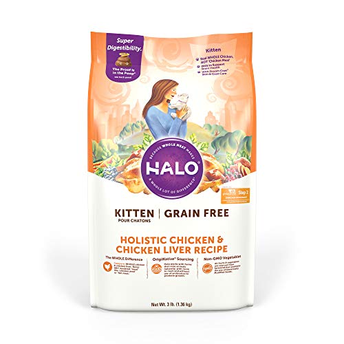 Halo Grain Free Natural Dry Cat Food - Kitten Recipe - Premium and Holistic Chicken & Chicken Liver - 3 Pound Bag - Sustainably Sourced Dry Cat Food - Whole Meat, Highly Digestible, Non-GMO