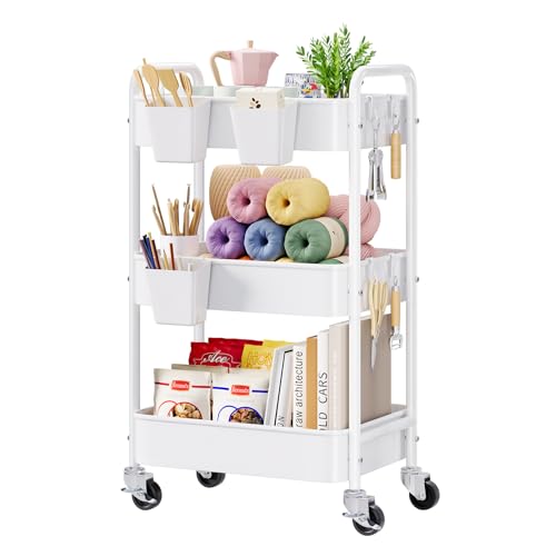 3 Tier Rolling Cart Metal with Wheels, White Three Tiered Craft Cart Organizer on Wheels, Storage...
