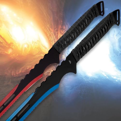 Fire and Ice Twin Sword Set with Black Nylon Double Sheath | Two Fantasy Swords | Fire with Red Accents | Ice with Blue Accents | 19 1/2” Stainless Steel Blades | Comfortable Rope-Wrapped Handles