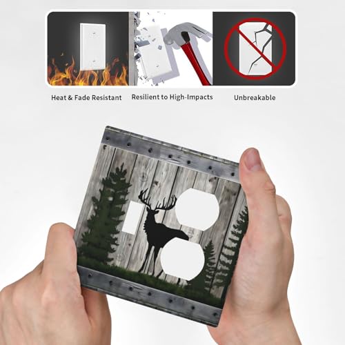 Decorative Outlet Covers Rustic Deer Elk Forest Grey Wood Board 2 Gang Wall Plate Cover Single Toggle Duplex Combo Two Switch Light Switch Cover Plate Jumbo Faceplate