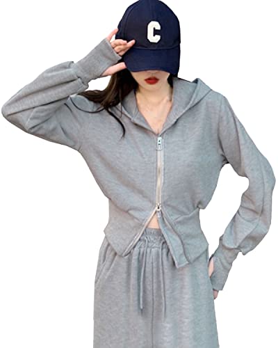 [アイシンク] スウェット パーカー セットアップ 上下セット レディース 無地 ジップアップ 長袖 ジャージ トレーニングウェア スポーツ トレーニング ダンス ジム 大きいサイズ フーディー プルオーバー ルームウェア 部屋着 韓国 フード スウェットパーカー トップス 裏起毛 ショート丈 春 冬 ミリタリー 大人可愛い ナチュラル クラシカル ビックパーカー スリム パーカーグレー 2XL