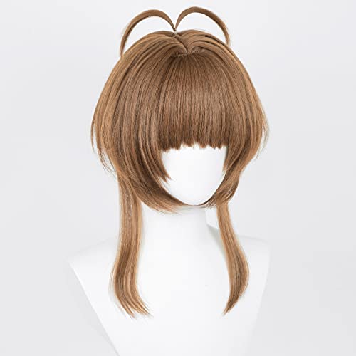 Image of Half and Half Brown Ponytail Anime Wig with Bangs Short Light Brown Lolita Twin Tails Pigtails Wig for Women Halloween Costumes Party