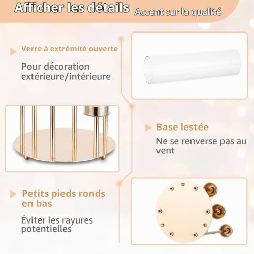 NUPTIO Bougeoirs Or Ouragan Verre - 60cm 2 Pcs Bougeoirs avec Verre Cylindrique Transparent 6 Bras Cache Cheminée en Métal pour Centres de Mariage en Extérieur pour Tables Noël – vue 5