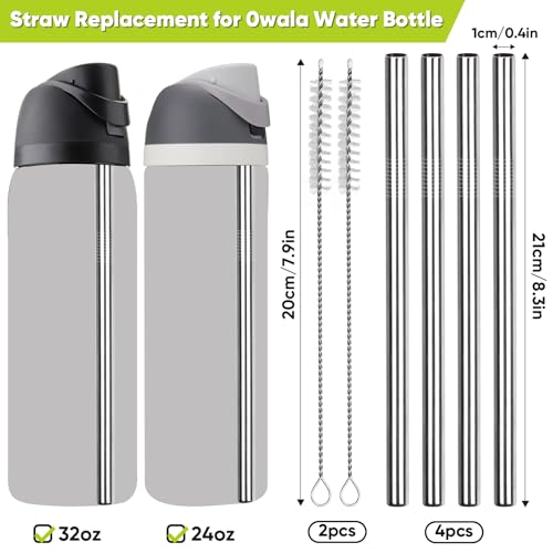 ماصات معدنية بديلة لزجاجة مياه اوالا سعة 24 و32 اونصة مع فرشاتي تنظيف، ماصات ستانلس ستيل قابلة لاعادة الاستخدام متوافقة مع زجاجة مياه اوالا - 4 قطع