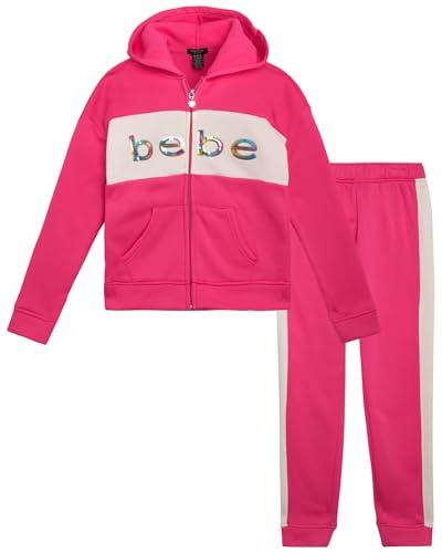 bebe Girls' Jogger Set - 2 Piece Sequin Fleece Zip Up Hoodie and Jogger Pants - Cute Matching Outfits for Girls (Sizes: 7-12)