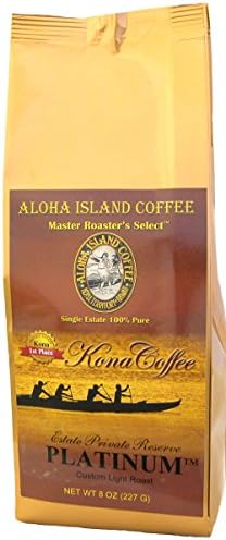 100% Pure Kona Coffee, Aloha Island Brand PLATINUM Light Roast, Gentle and Smooth, Low Acid Pure Kona in a Mild and Mellow Roast Profile, 8 Oz Ground (Drip Grind)