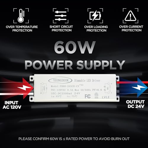 Image of 60W Triac Dimmable LED Driver, 24V 2.5A Power Supply, Electric Transformer, 120V AC to 24V DC LED Strip Light Dimming Converter for Computer Projects, Cabinet Lights