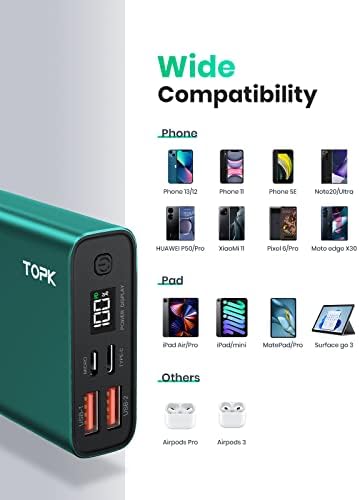 TOPK Power Bank 20W PD3.0 USB C Fast Charging 20000mAh Portable Charger 3A Quick Charge Type C Inputs/Outputs With Digital Display PowerBank [2022 Version]