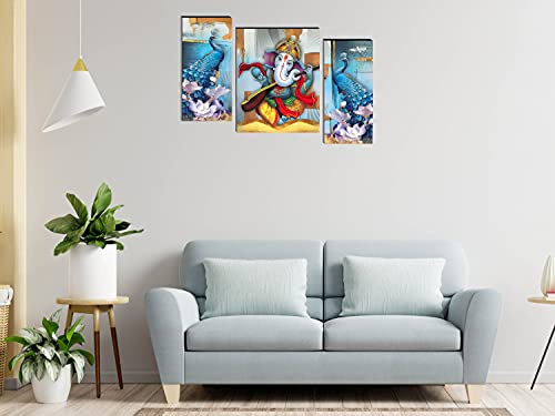 Image of Indianara Set of 3 Lord Ganesha with Peacock MDF Art Painting (3777FL) without glass 4.5 X 12, 9 X 12, 4.5 X 12 INCH