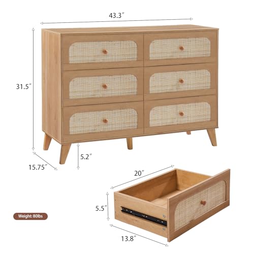GANLLY Rattan 6 Drawer Dresser for Bedroom, Natural Wood Dresser with Deep Drawers, Wooden Chest of Drawers for Closet with Wide Top, for Living Room, Hallway, Kids Room,Natural - Image 2