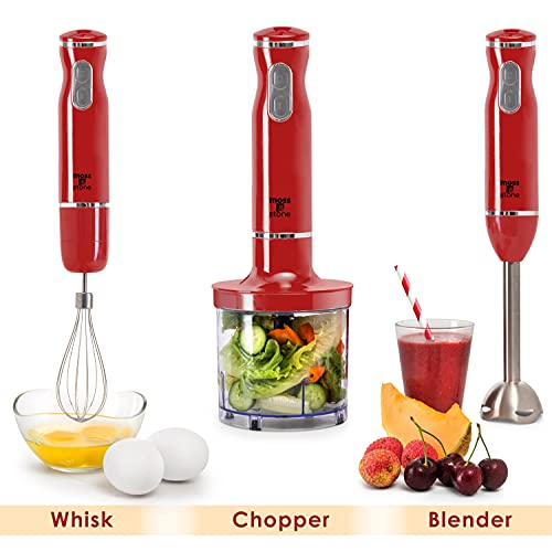 Moss & Stone Red Hand Blender Electric With Egg Whisk & Chopper, Powerful 300 Watt Immersion Hand Blender, Hand Mixer Set Stainless Steel Shaft & Blades, Red Handheld Blender With Ergonomic Handle