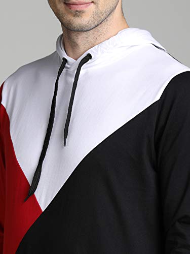 Image of LEWEL Men's Stylish Hooded Full Sleeve Colorblock T-Shirt (Red, White, Black)