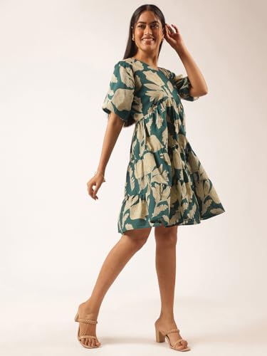 Image of Vbuyz Women's Floral Print Flared Cotton Beige Stitched Dress