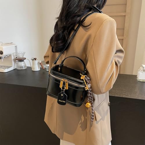 Retro PU Leather Bucket Bag for Women Zipper Closure Small Crossbody Handbags with Pendant Top Handle Casual Shopper4