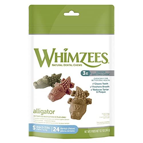 WHIMZEES Natural Grain Free Daily Dental Long Lasting Dog Treats, Alligator, Small, Bag of 24 WHIMZEES Natural Grain Free Daily Dental Long Lasting Dog Treats, Alligator, Small, Bag of 24