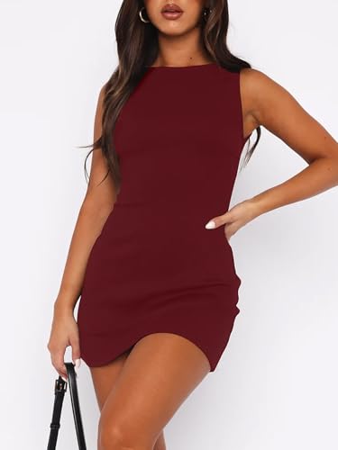 Image of Women's Sleeveless Boat Neck Slim Fit Solid Color Mini Dresses Casual Office Party Club Y2K Summer Going Out Dresses