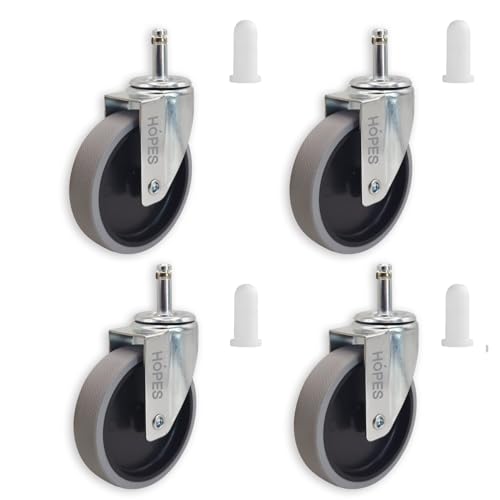 HOPES Utility Cart Caster Wheels Set of 4, Rubber Swivel Casters with 7/16” Grip Ring Stem and 19/32” Sleeves, Smooth Rolling Caster for Mop Bucket & Cleaning Carts (7/16inch-stem, 4inch-770lbs)