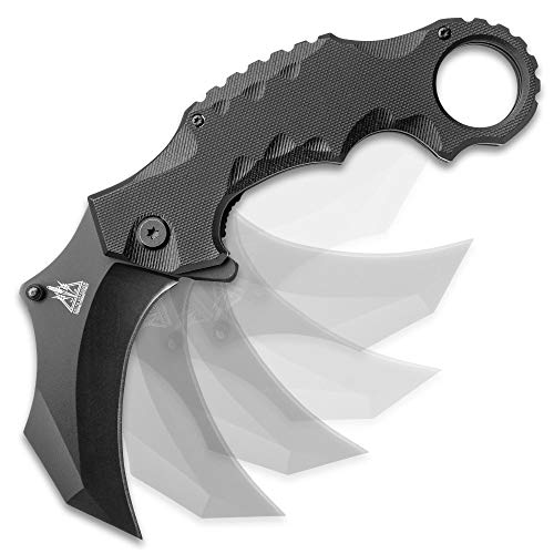 K Exclusive Delta Defender Assisted Opening Black Karambit Knife - Stainless Steel Blade, Non-Reflective Coating, G10 Handle Scales, Pocket Clip, For The Modern Battlefield - Closed Length 5 1/4" #TOP5