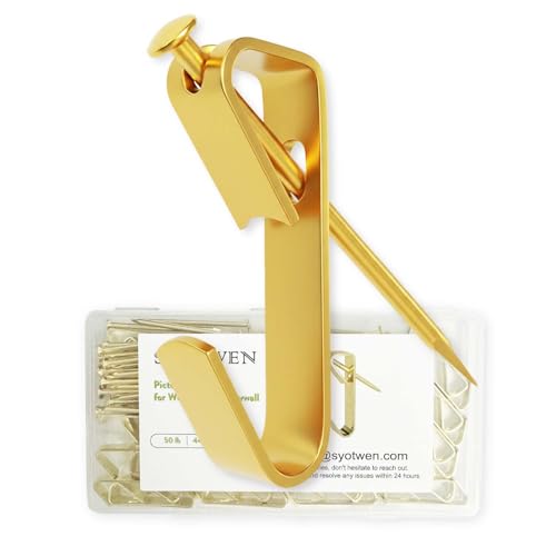 SYOTWEN Picture Hangers Heavy Duty, 50 lb, 44 Sets, Hanging Hooks Hardware for Wall, Plaster, and Drywall | for Large, Painting, Frame, Easy Nails Set for Home Decor, Family Photo, with Nails, Gold by SYOTWEN - Used condition - US$9.49