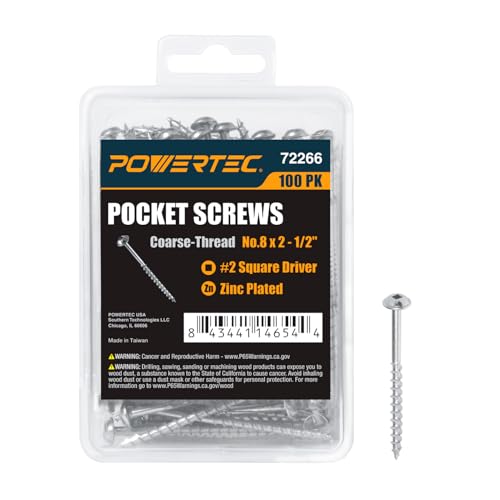 Image of POWERTEC 100 PK Pocket Hole Screws, Maxi-Loc Head, #2 Square Drive, 2-1 /2 inch Coarse Thread for Pocket Hole Jig, Heavy-Duty Workbenches, Lumber, Large Table Legs & Planter Boxes (72266)