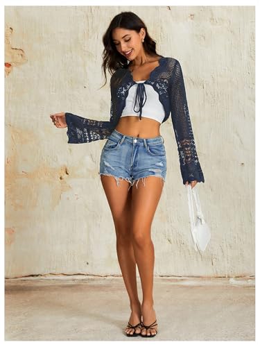 Image of OYOANGLE Women's Crochet Tie Front Sweater Cardigans Bell Sleeve Knitted Cropped Bolero Shrug Cardigan