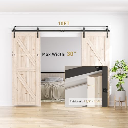 Signstek 10 FT Double Sliding Barn Door Hardware Track Kit, Wood Slab Use, for Garage, Kitchen, Bedroom - Smoothly and Q