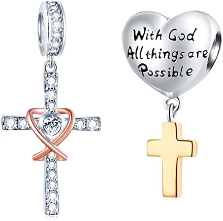 GEMDAZZ with God All Things are Possible Cross Charm Set, Fit Christian Bracelet in 925 Sterling Silver, Christmas Gift for Godmother/Grandma