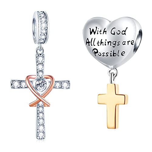 Gemdazz With God All Things Are Possible Cross Charm Set, Fit Christian Bracelet In 925 Sterling Silver, Christmas Gift For Godmother/Grandma #TOP2
