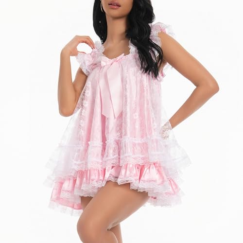 Satini Lingerie Satin Sissy Babydoll Ruffles Frilly Lace Nightie Negligee Cosplay Nightwear Dress2