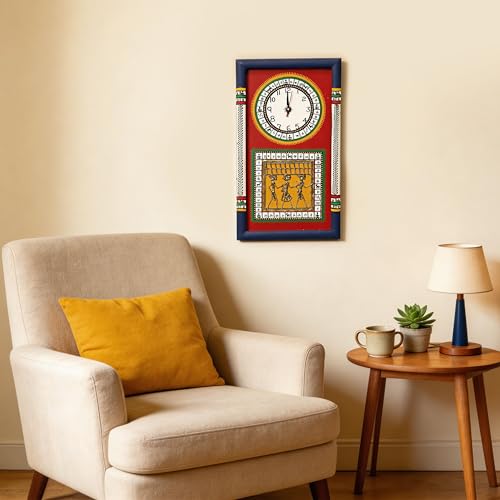 Image of AAKRITI ART CREATIONS Wall Clock Handcrafted Warli Art Red Dial with Glass Frame Blue, Red | Wall Clock for Home, Home Decoration | Lightweight Wooden wall Decor | Matte Finish