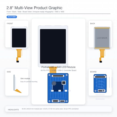 Image of TekGroAml 2.8 inch 480x640 IPS mini Square LCD Screen with HD Driver Board | 16.7M Color Display Module, SPI /RGB Interface, for DIY & Embedded Use,Micro USB Power port