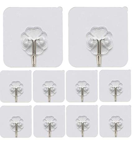 BODINGTAI Wall Hooks, Self Adhesive Hooks, Clear Plastic Reusable Heavy Duty Hook No Trace No Scratch Waterproof and Oilproof for Kitchen Bathroom Storage Room Office. (Clear 10 Pack)