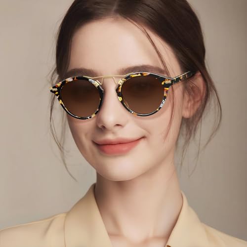 Image of CARFIA Double Bridge Small Acetate Sunglasses for Women Polarized, Retro Metal Brow Ladies Sunnies Fashion Round Eyewears