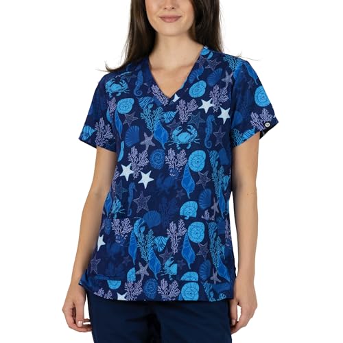 B-well Isabella Kasacks Damen Pflege mit Spandex mit Motiv, Kurzarm und V-Ausschnitt (Meeresleben1, M)