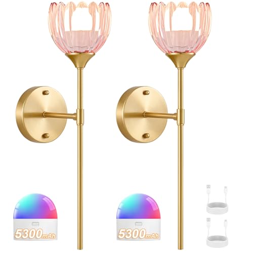 Image of Vintage Battery Operated Wall Sconce Set of 2, Pink Tulip Glass Lampshade Wireless 5300 mAh Rechargeable Battery Powered LED Wall Light with Remote Dimmable for Bedroom Bathroom Living Room