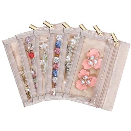 6 Pcs Travel Jewellery Pouches, Mini Polyester Jewelry Storage Pouch Organizer Bags with Zipper, Women Small Clear Storage Case for Rings, Earrings, Necklace, Gift for Girls, Mom, Mothers Day