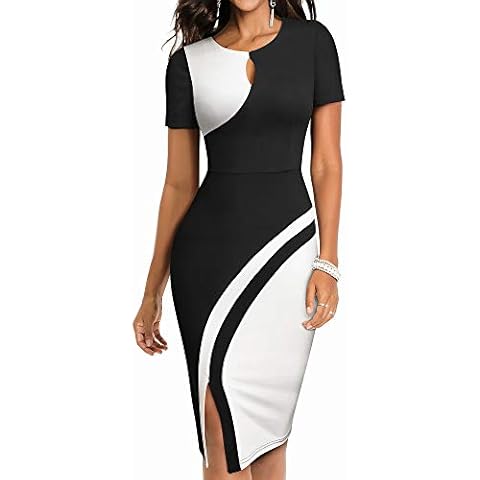 HOMEYEE Women Keyhole Colorblock Slim Bodycon Business Pencil Dress B571(Black+White,12) Cover