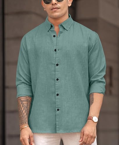 Image of Men's Solid Linen Blend Cotton Shirt | Full Sleeve Plain Shirt for Men | Regular Fit Casual & Formal Wear