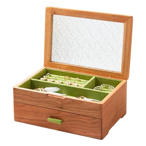 EURIELK Wooden Jewelry Box, Large Size Case, Natural Solid Cherry Wood Vintage Trinket Organizer with 2-Layer Storage, Drawer, Ring Compartments, Necklace Hooks, Glass Lid, ek06-b-cherry